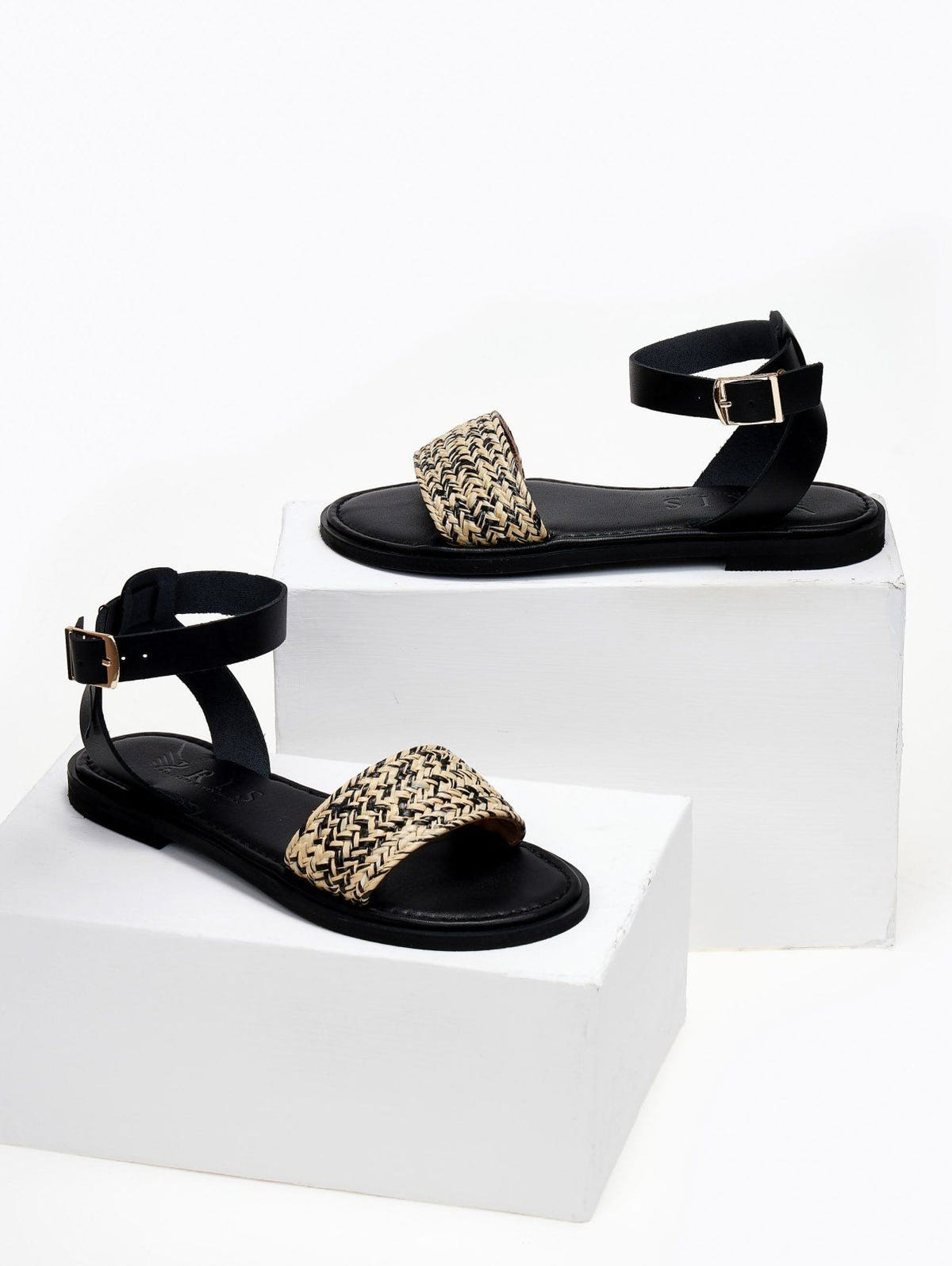 Σανδάλια δερμάτινα με ψάθα Iris Sandals - Μαύρο - thefashionproject.gr - IRIS
