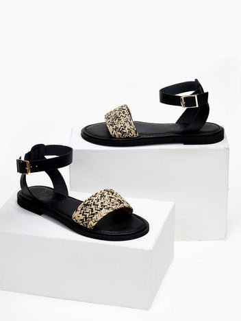 Σανδάλια δερμάτινα με ψάθα Iris Sandals - Μαύρο - thefashionproject.gr - IRIS