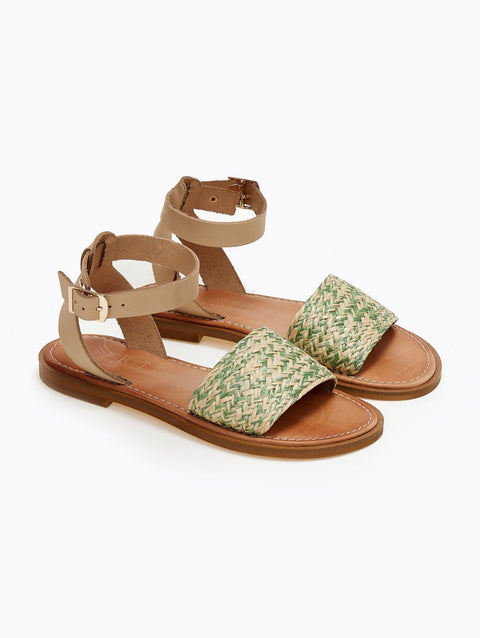 Leather Sandals with Straw - Mint