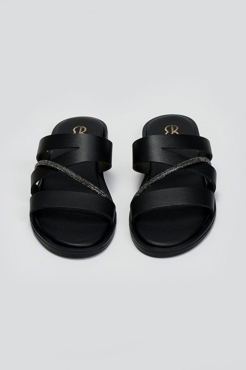 Σανδάλια δερμάτινα με στρας Estil - Μαύρο - thefashionproject.gr - Estil