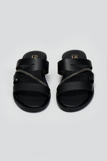 Σανδάλια δερμάτινα με στρας Estil - Μαύρο - thefashionproject.gr - Estil