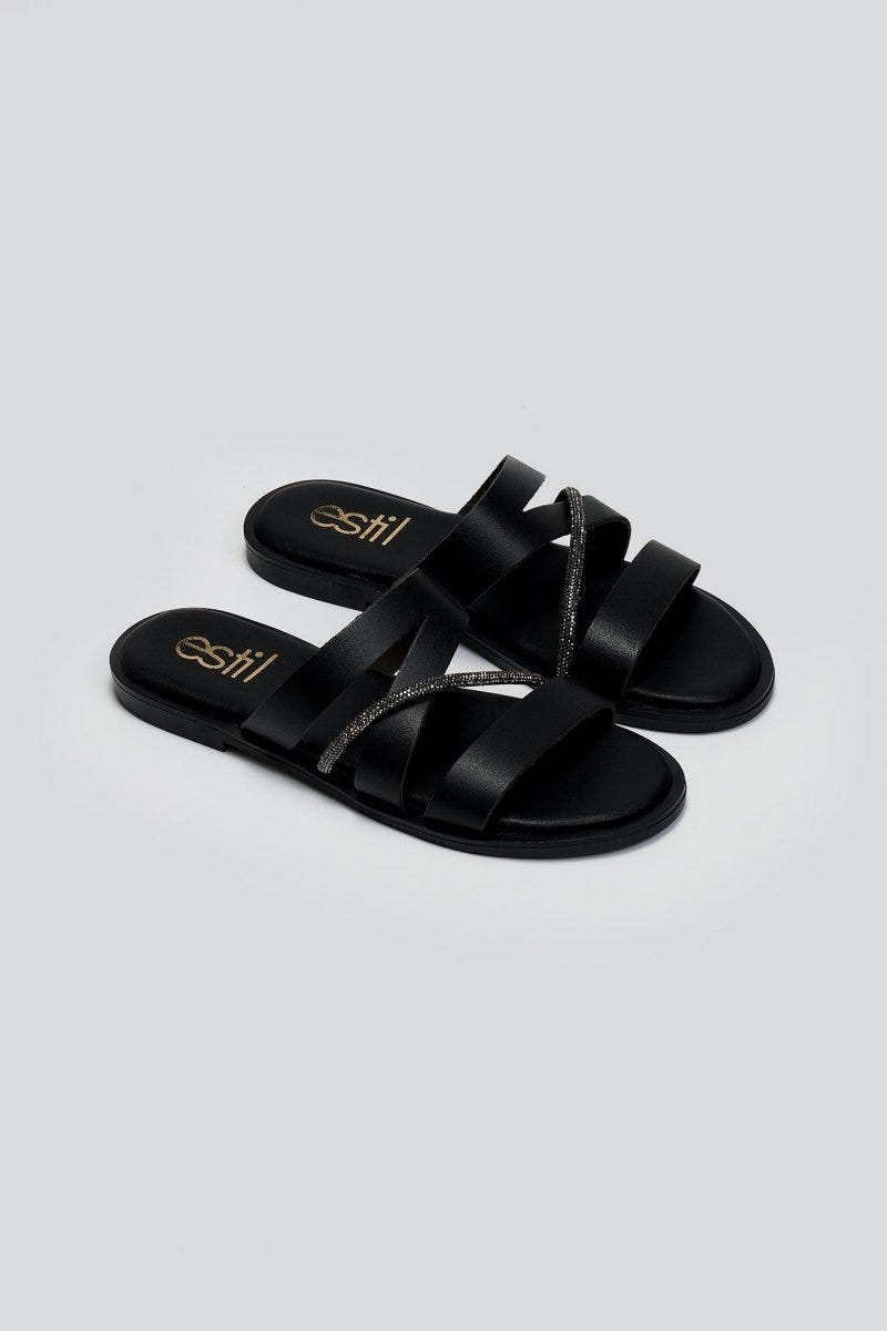 Σανδάλια δερμάτινα με στρας Estil - Μαύρο - thefashionproject.gr - Estil