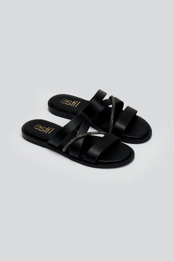 Σανδάλια δερμάτινα με στρας Estil - Μαύρο - thefashionproject.gr - Estil