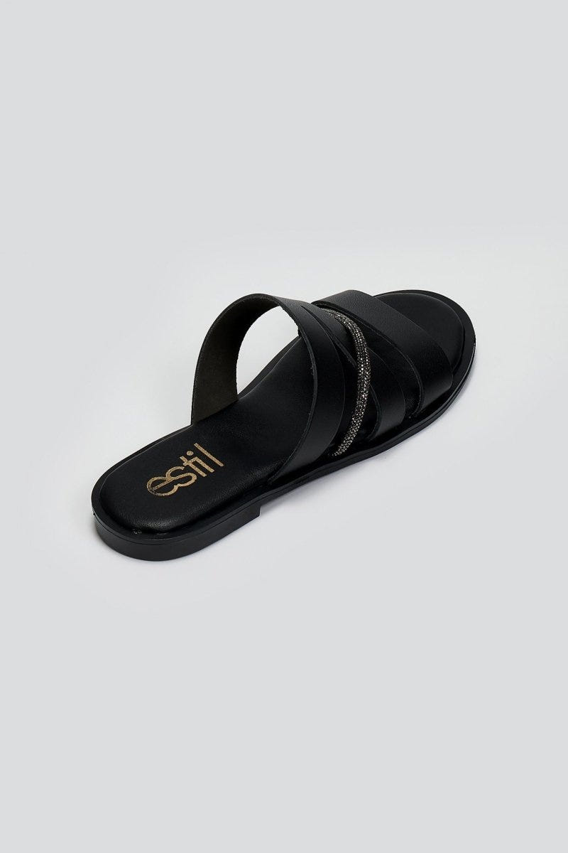 Σανδάλια δερμάτινα με στρας Estil - Μαύρο - thefashionproject.gr - Estil