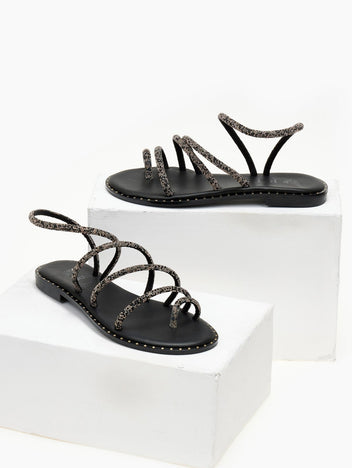 Σανδάλια δερμάτινα με στρας λουράκια Iris Sandals - Μαύρο - thefashionproject.gr - IRIS
