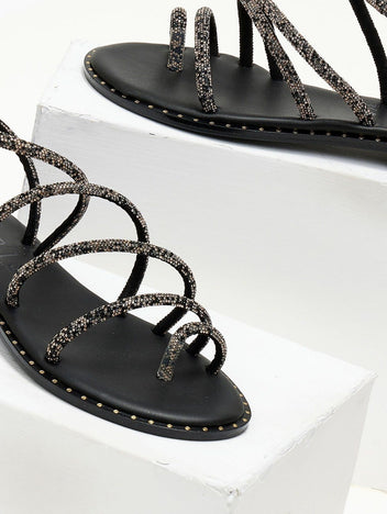Σανδάλια δερμάτινα με στρας λουράκια Iris Sandals - Μαύρο - thefashionproject.gr - IRIS