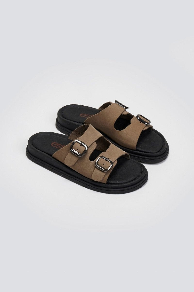 Σανδάλια δερμάτινα με τοκάδες Estil - Λαδί - thefashionproject.gr - Estil