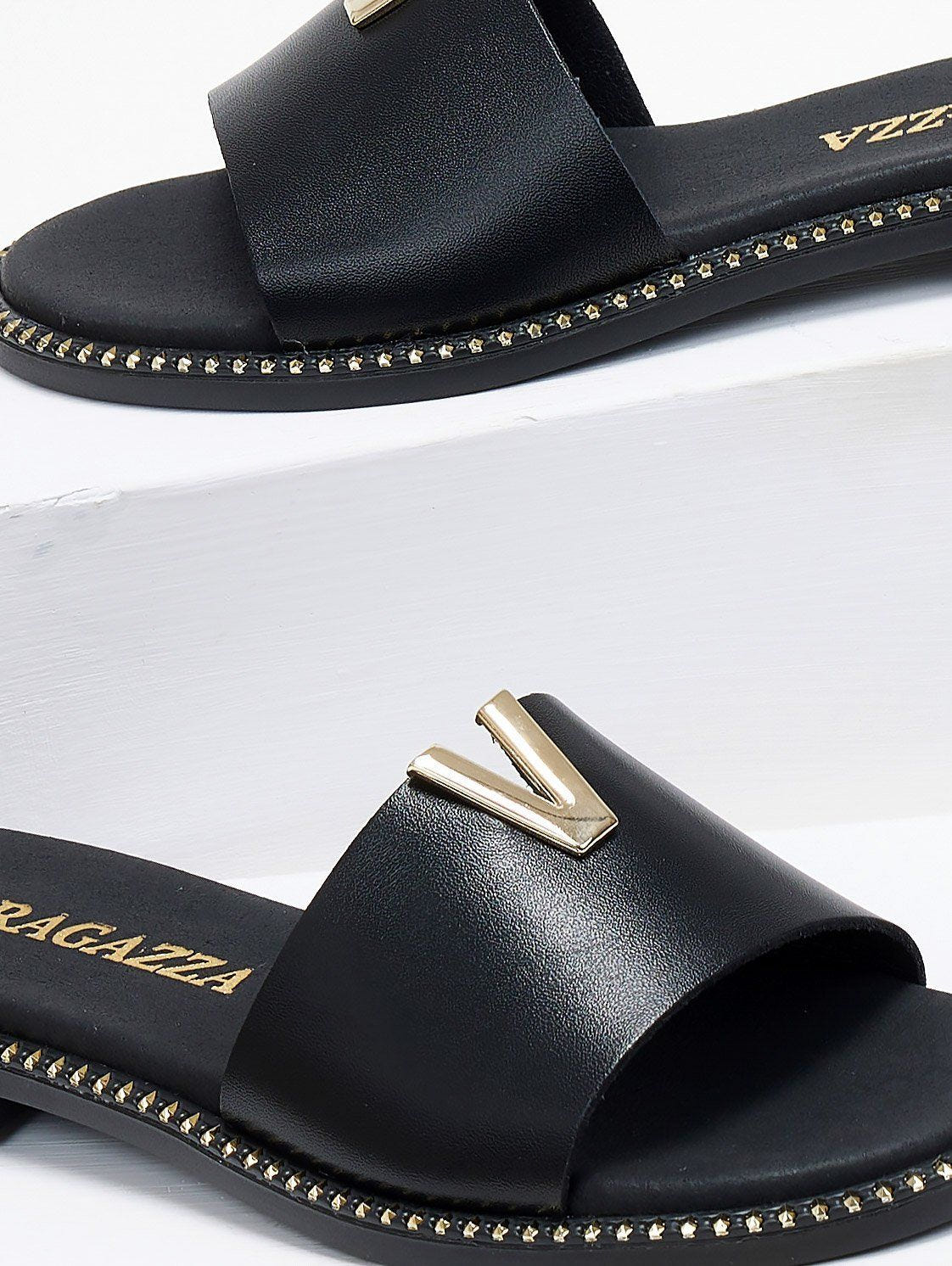Σανδάλια δερμάτινα με v cut Ragazza 01025 - Μαύρο - thefashionproject.gr - RAGAZZA