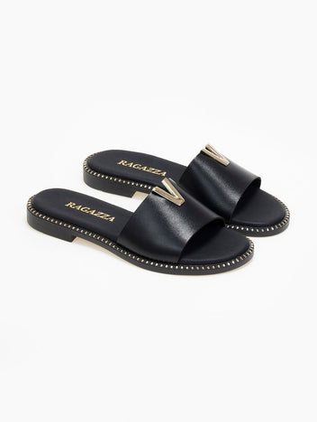 Σανδάλια δερμάτινα με v cut Ragazza 01025 - Μαύρο - thefashionproject.gr - RAGAZZA