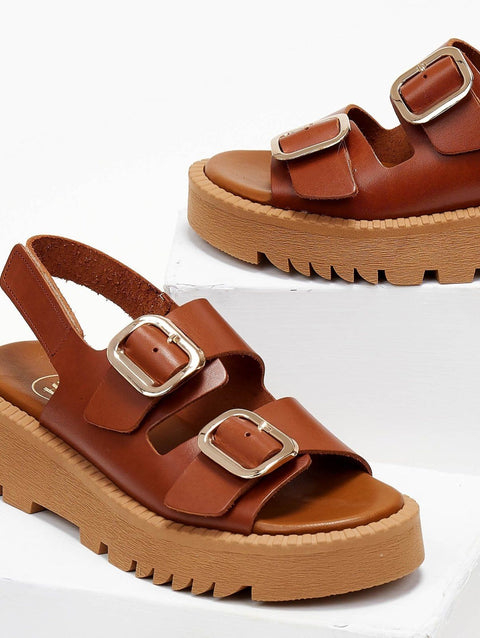 Leather Velcro Strap Sandals - Tan