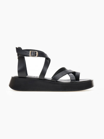 Black leather crossover strap platform sandal with toe loop and ankle buckle, side view