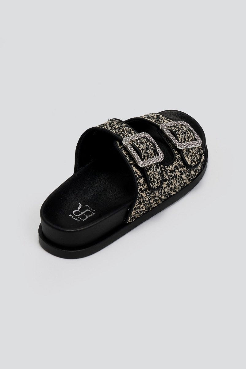 Σανδάλια flatforms από ψάθα με στρας ERYNN - Μαύρο/Μπεζ - thefashionproject.gr - ERYNN