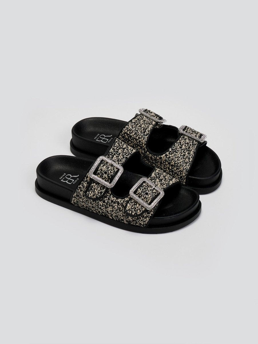 Σανδάλια flatforms από ψάθα με στρας ERYNN - Μαύρο/Μπεζ - thefashionproject.gr - ERYNN