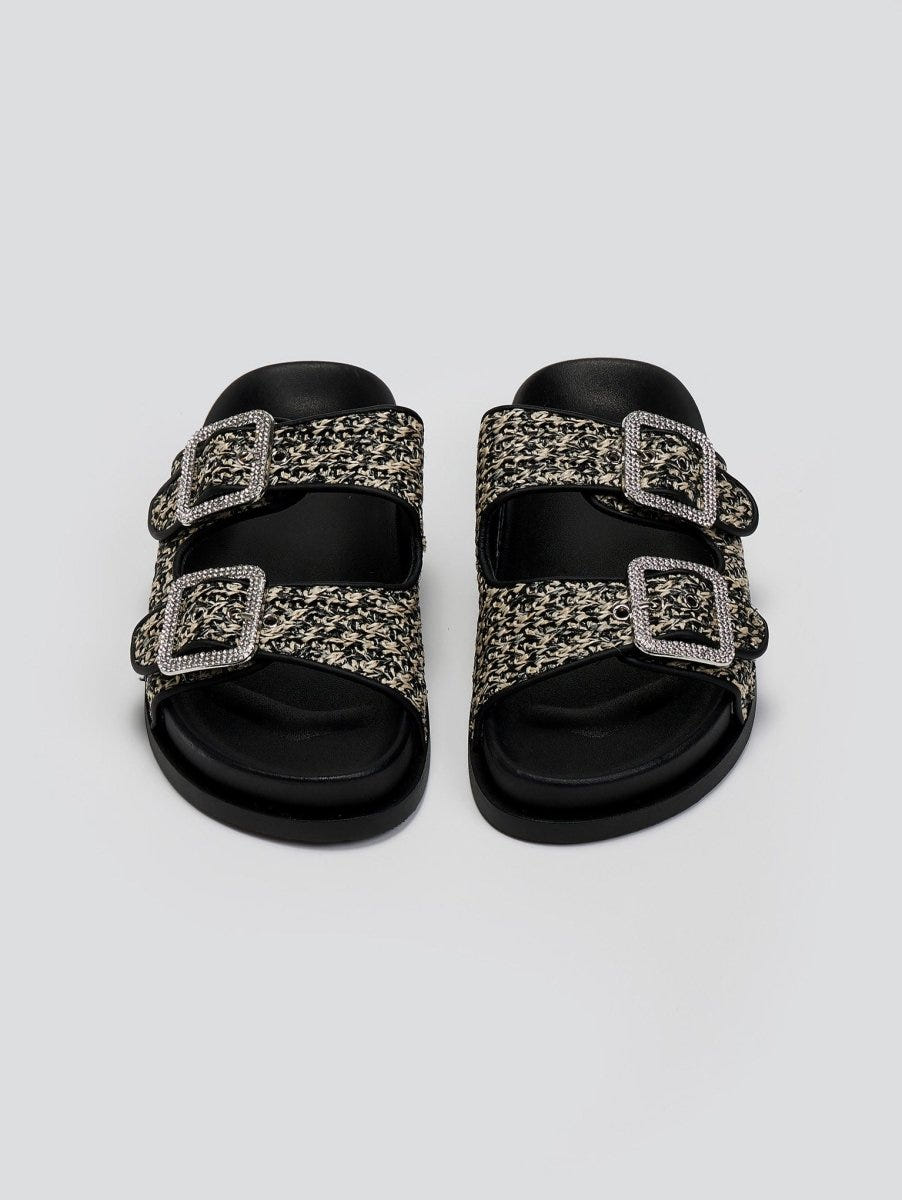Σανδάλια flatforms από ψάθα με στρας ERYNN - Μαύρο/Μπεζ - thefashionproject.gr - ERYNN