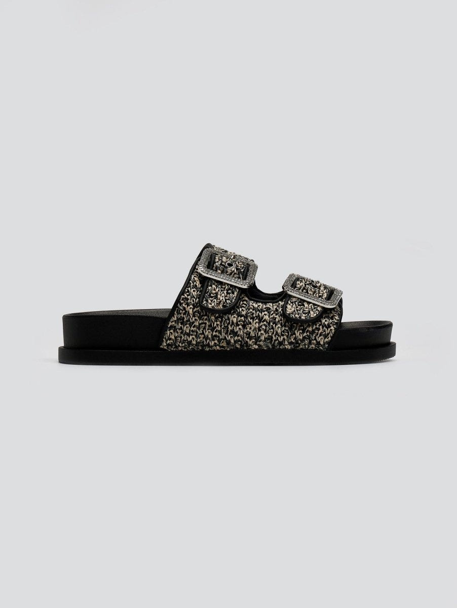 Σανδάλια flatforms από ψάθα με στρας ERYNN - Μαύρο/Μπεζ - thefashionproject.gr - ERYNN