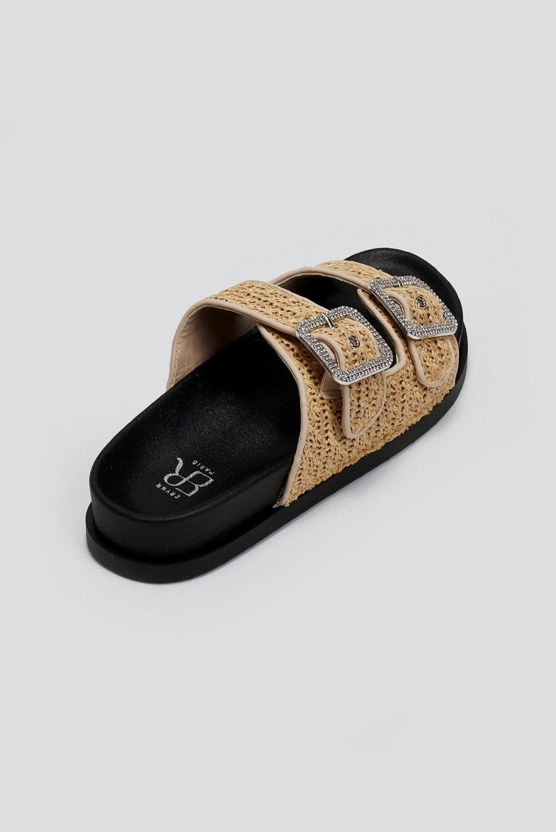 Σανδάλια flatforms από ψάθα με στρας ERYNN - Μπεζ - thefashionproject.gr - ERYNN