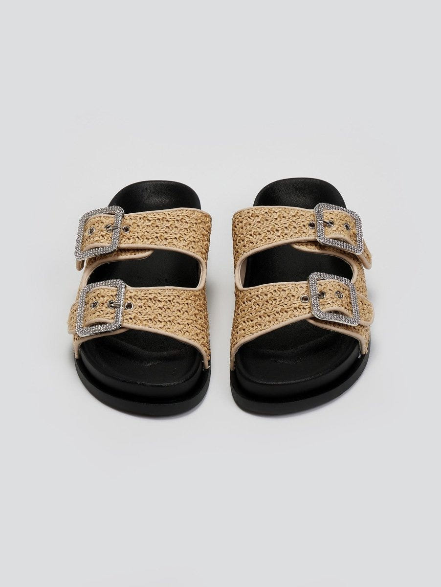 Σανδάλια flatforms από ψάθα με στρας ERYNN - Μπεζ - thefashionproject.gr - ERYNN