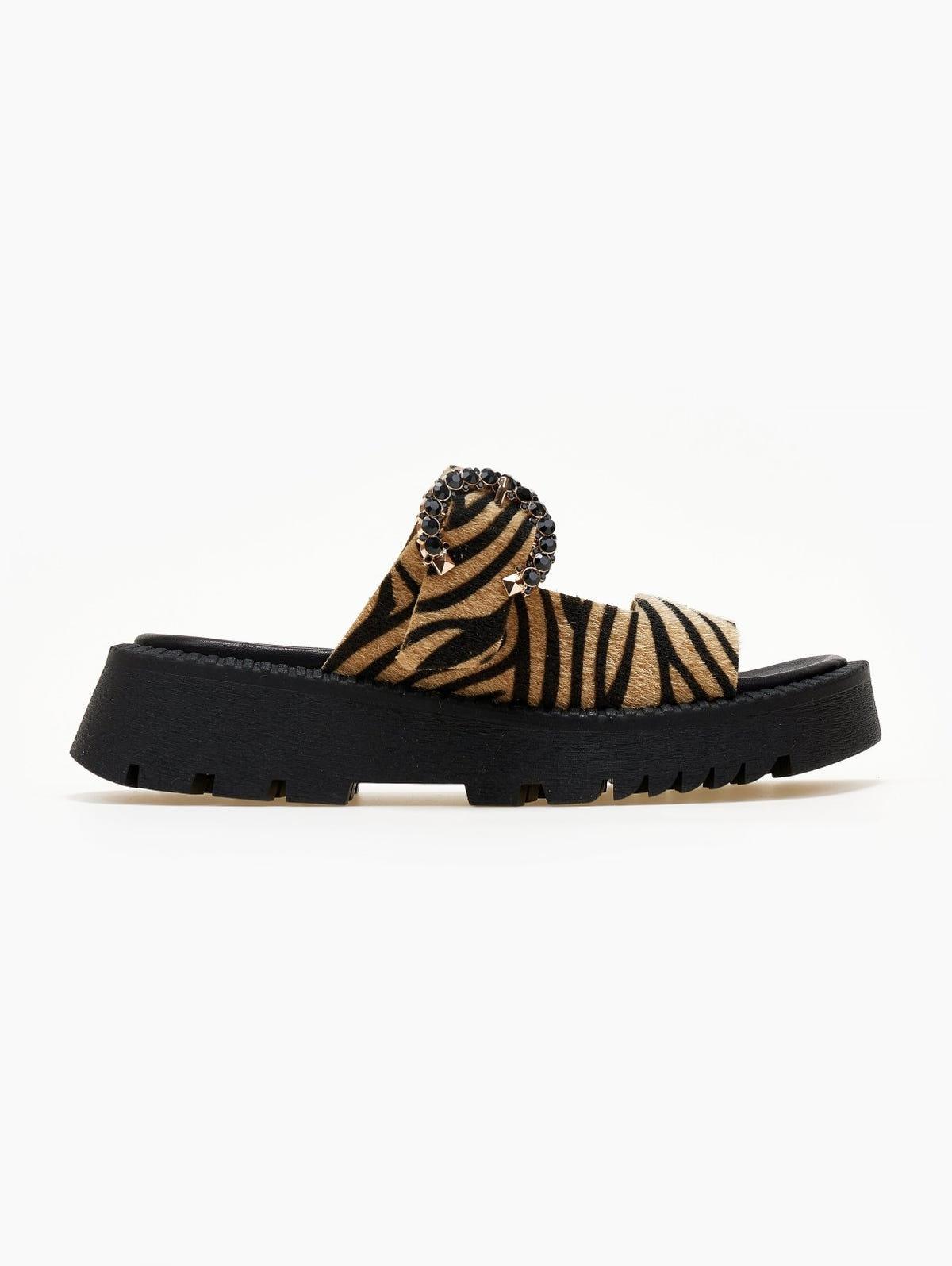 Σανδάλια flatforms από συνθετικό ponyskin με στρας TFP - Μαύρο/Μπεζ - thefashionproject.gr - TFP