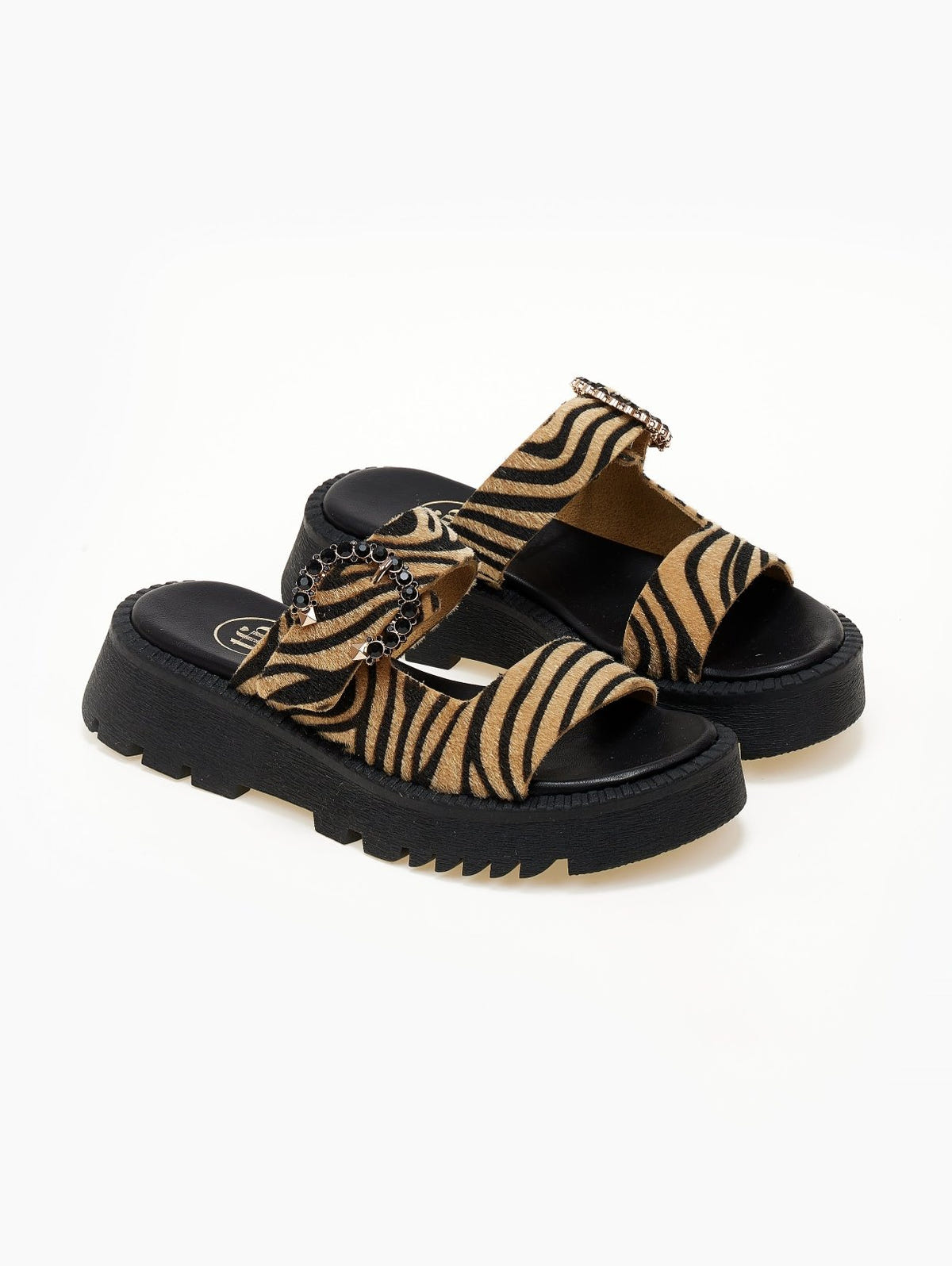 Σανδάλια flatforms από συνθετικό ponyskin με στρας TFP - Μαύρο/Μπεζ - thefashionproject.gr - TFP