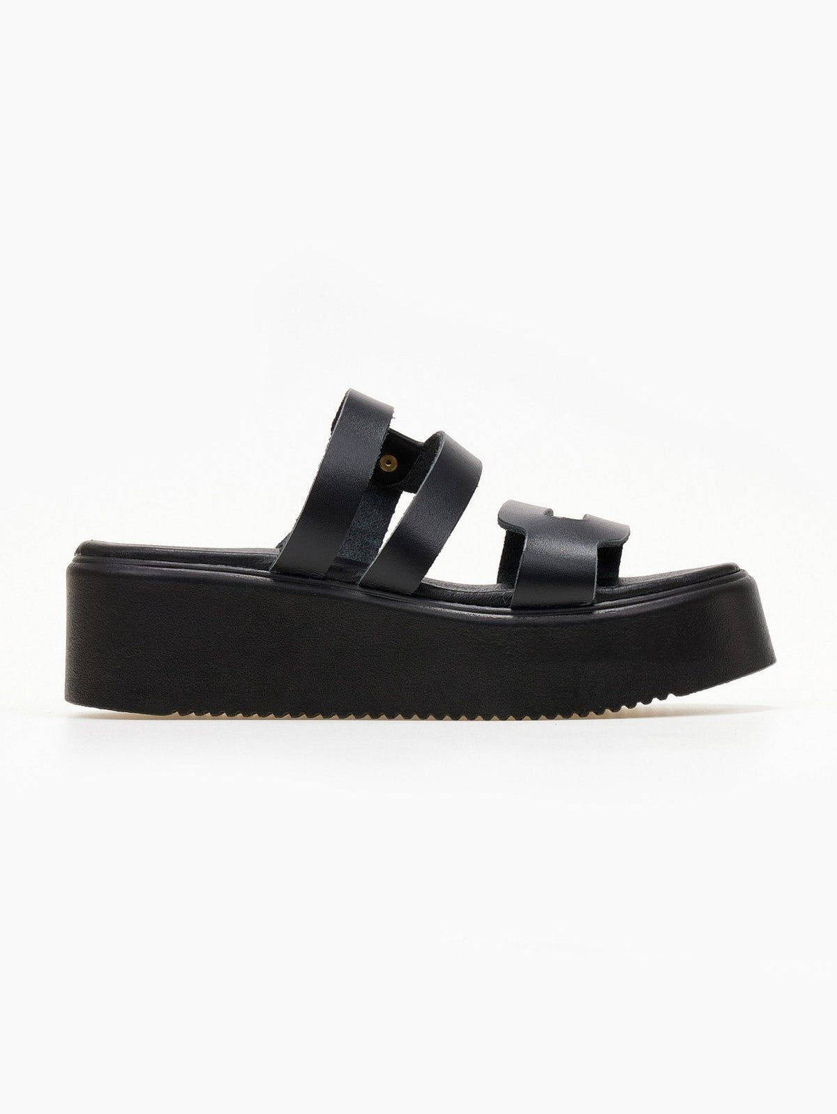 Σανδάλια flatforms δερμάτινα με ανοίγματα estil - Μαύρο - thefashionproject.gr - Estil
