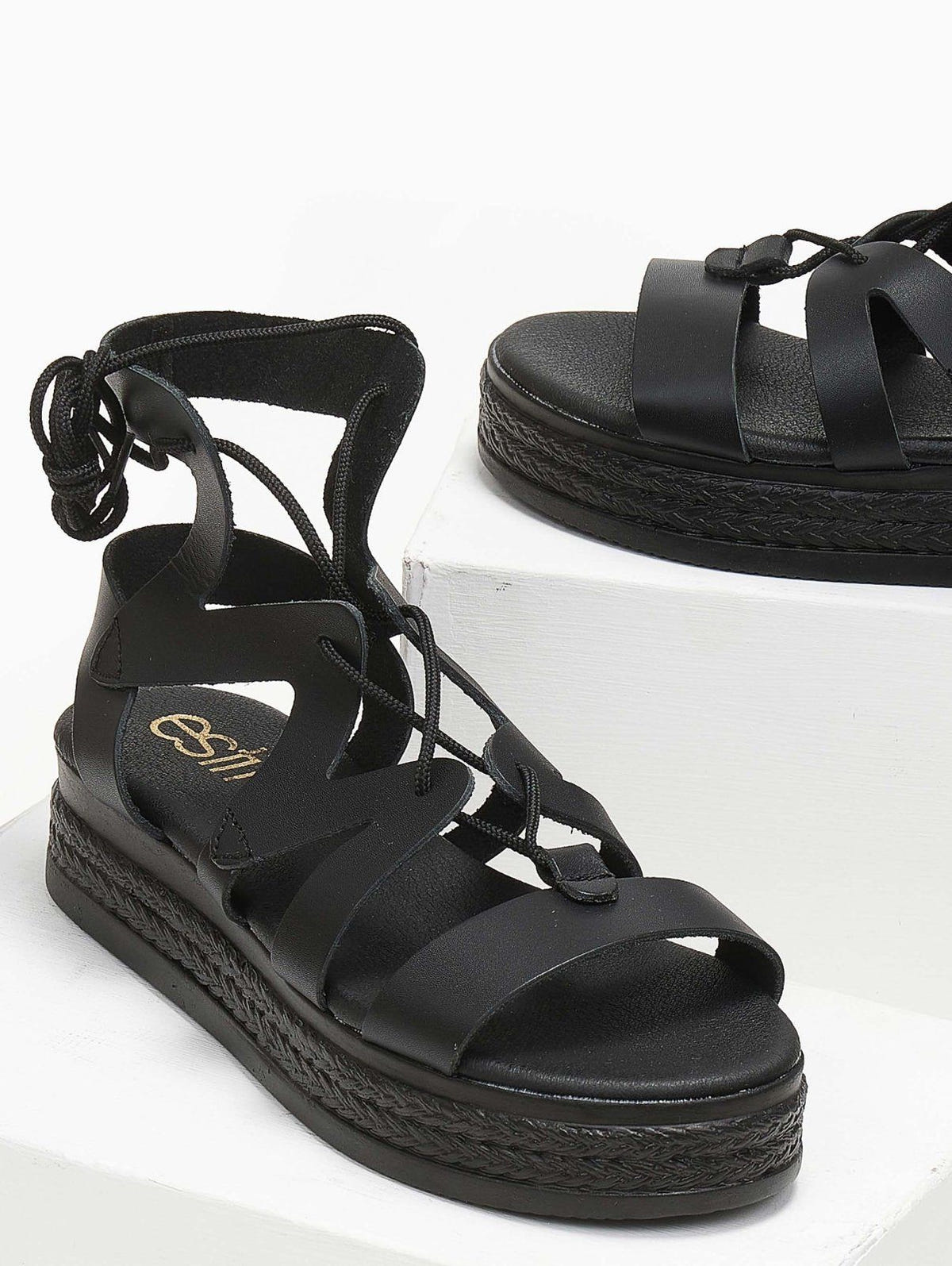 Σανδάλια flatforms δερμάτινα με δέσιμο estil - Μαύρο - thefashionproject.gr - Estil