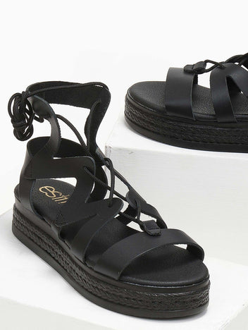 Σανδάλια flatforms δερμάτινα με δέσιμο estil - Μαύρο - thefashionproject.gr - Estil
