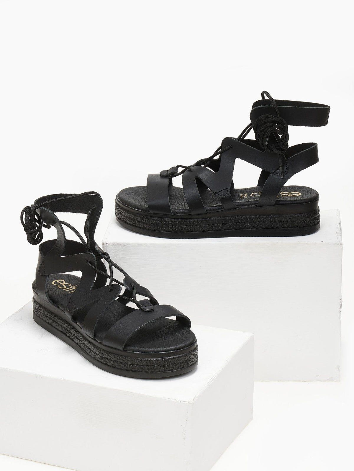 Σανδάλια flatforms δερμάτινα με δέσιμο estil - Μαύρο - thefashionproject.gr - Estil