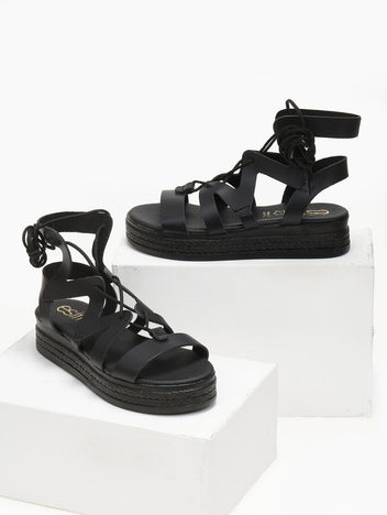 Σανδάλια flatforms δερμάτινα με δέσιμο estil - Μαύρο - thefashionproject.gr - Estil