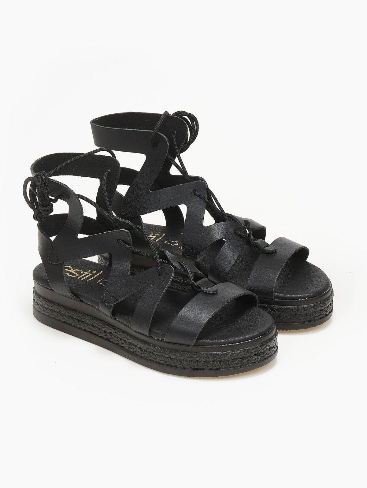 Σανδάλια flatforms δερμάτινα με δέσιμο estil - Μαύρο - thefashionproject.gr - Estil