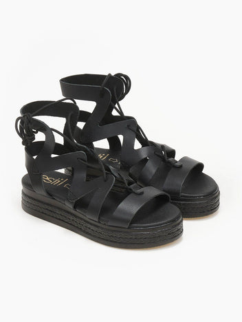 Σανδάλια flatforms δερμάτινα με δέσιμο estil - Μαύρο - thefashionproject.gr - Estil