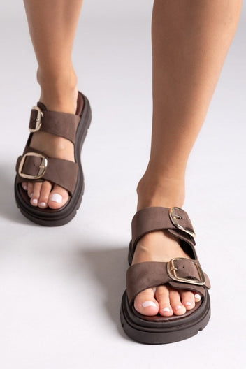Σανδάλια flatforms δερμάτινα με έντονους τοκάδες Tfp - Καφέ - thefashionproject.gr - TFP