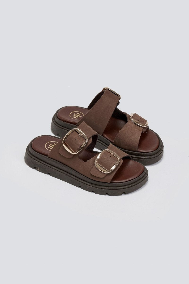 Σανδάλια flatforms δερμάτινα με έντονους τοκάδες Tfp - Καφέ - thefashionproject.gr - TFP