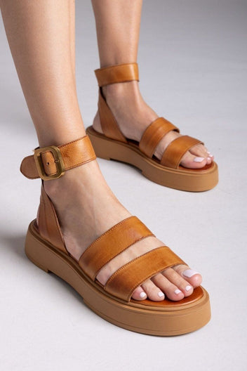Σανδάλια flatforms δερμάτινα με φάσες TFP - Ταμπά - thefashionproject.gr - TFP