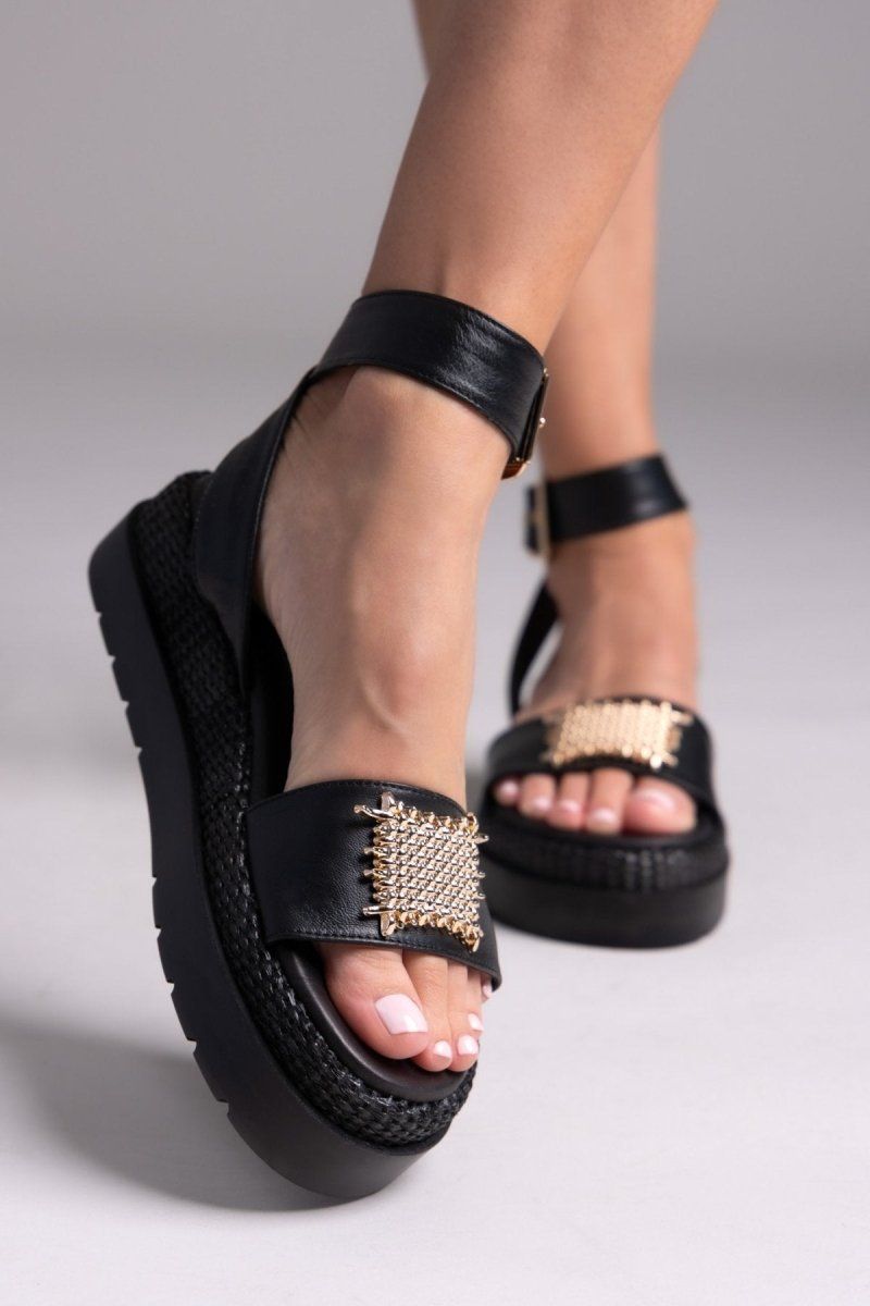 Σανδάλια flatforms δερμάτινα με μπαρέτα 2526/91 - Μαύρο - thefashionproject.gr - Mariella Fabiani