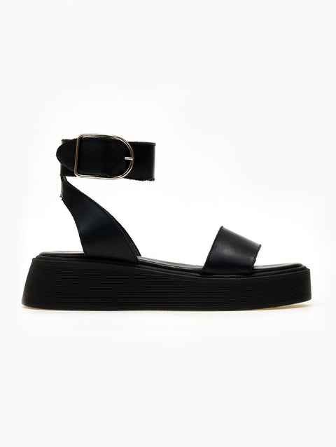 Sandalias flatform de piel con tira al tobillo - Negro