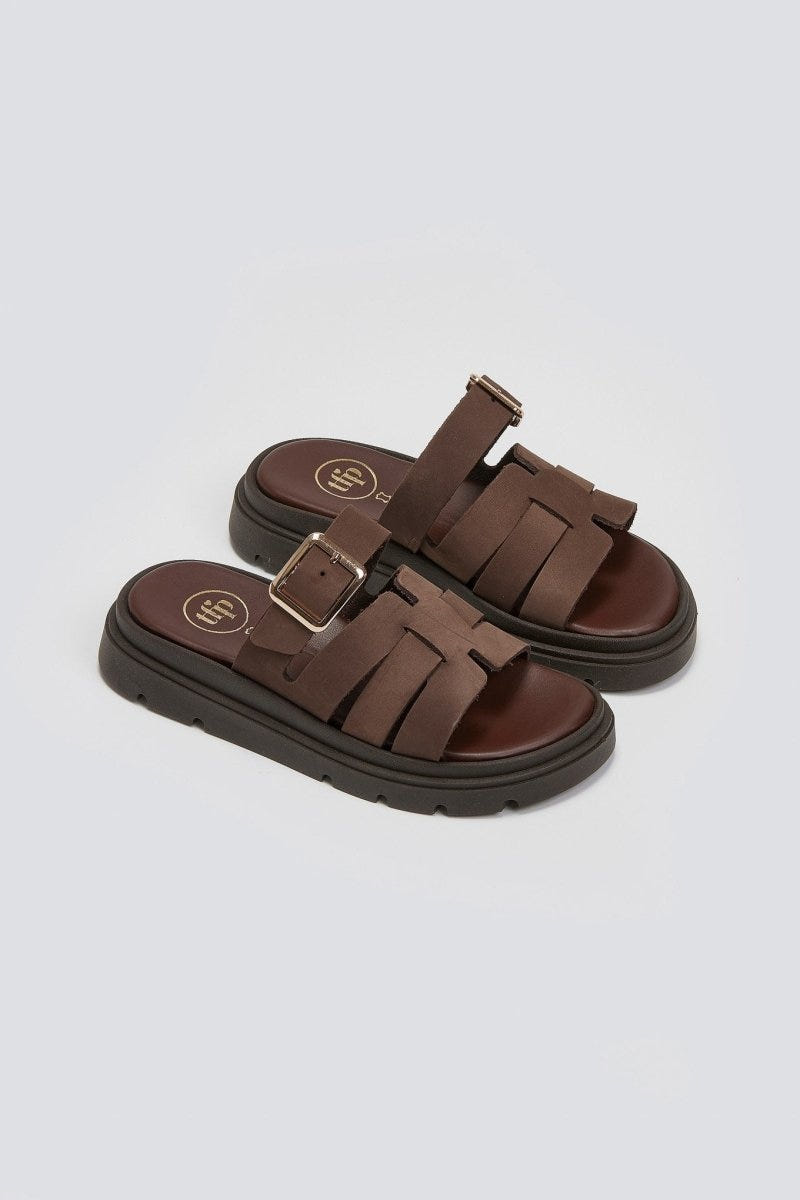 Σανδάλια flatforms δερμάτινα με περαστή φάσα Tfp - Καφέ - thefashionproject.gr - TFP