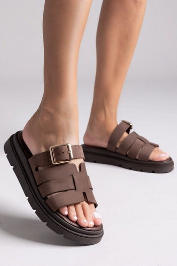 Σανδάλια flatforms δερμάτινα με περαστή φάσα Tfp - Καφέ - thefashionproject.gr - TFP