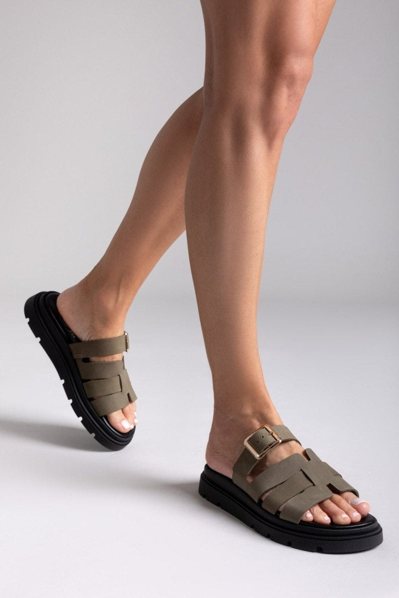 Σανδάλια flatforms δερμάτινα με περαστή φάσα Tfp - Χακί - thefashionproject.gr - TFP