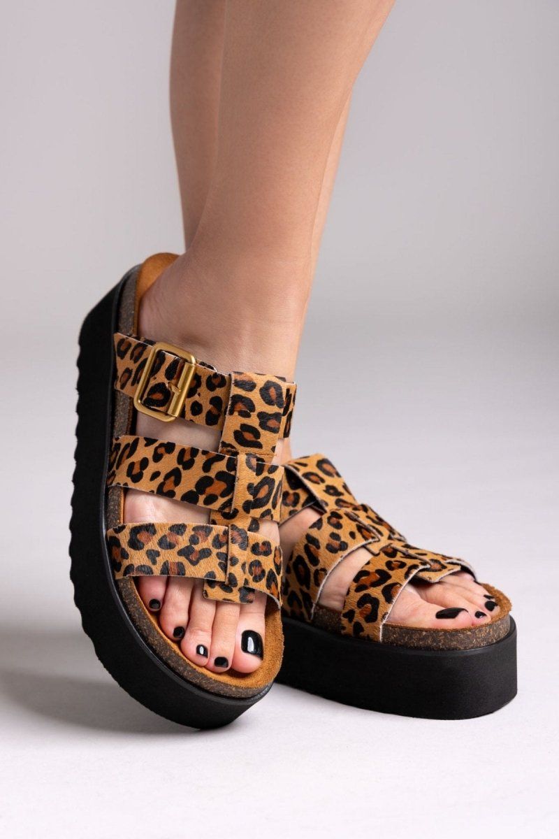 Σανδάλια flatforms δερμάτινα με print ΑΤΕΝΕΟ - Leopard - thefashionproject.gr - ATENEO