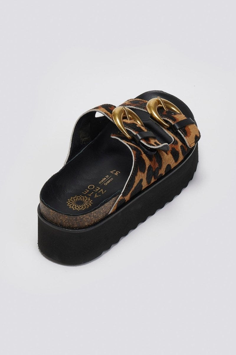 Σανδάλια flatforms δερμάτινα με print ATENEO - Leopard - thefashionproject.gr - ATENEO