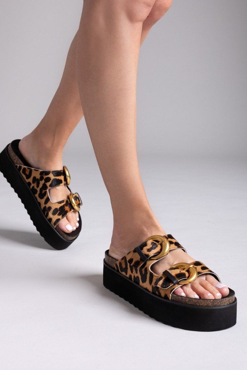 Σανδάλια flatforms δερμάτινα με print ATENEO - Leopard - thefashionproject.gr - ATENEO