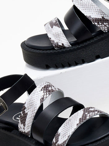 Σανδάλια flatforms δερμάτινα με print TFP - Μαύρο - thefashionproject.gr - TFP