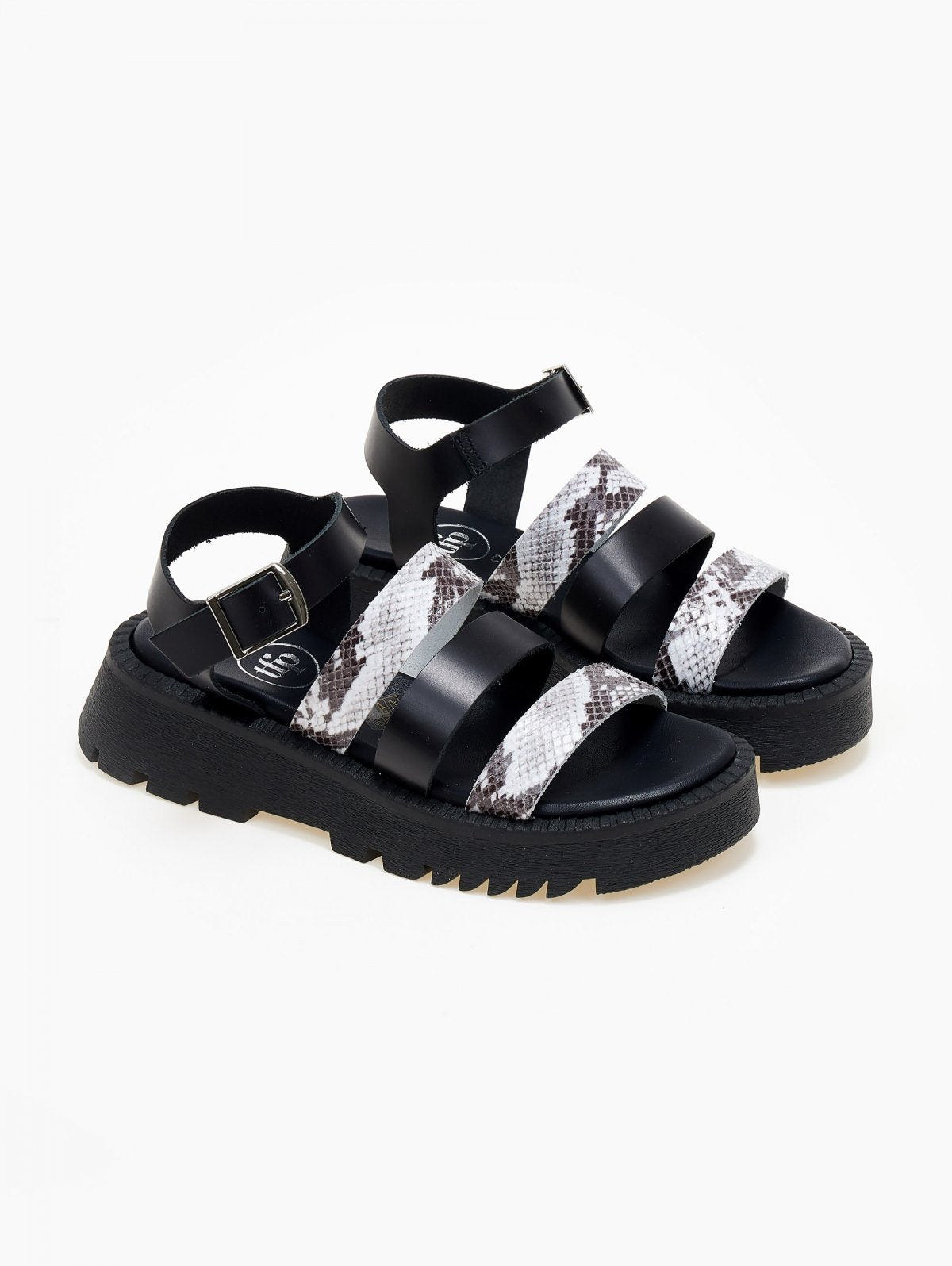Σανδάλια flatforms δερμάτινα με print TFP - Μαύρο - thefashionproject.gr - TFP