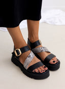 Σανδάλια flatforms δερμάτινα με print TFP - Μαύρο/Μπεζ - thefashionproject.gr - TFP