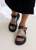 Σανδάλια flatforms δερμάτινα με print TFP - Μαύρο/Μπεζ - thefashionproject.gr - TFP