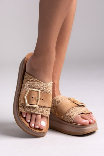 Σανδάλια flatforms δερμάτινα με ψάθα MALFA FANTASY SANDALS - Ταμπά - thefashionproject.gr - FANTASY SANDALS