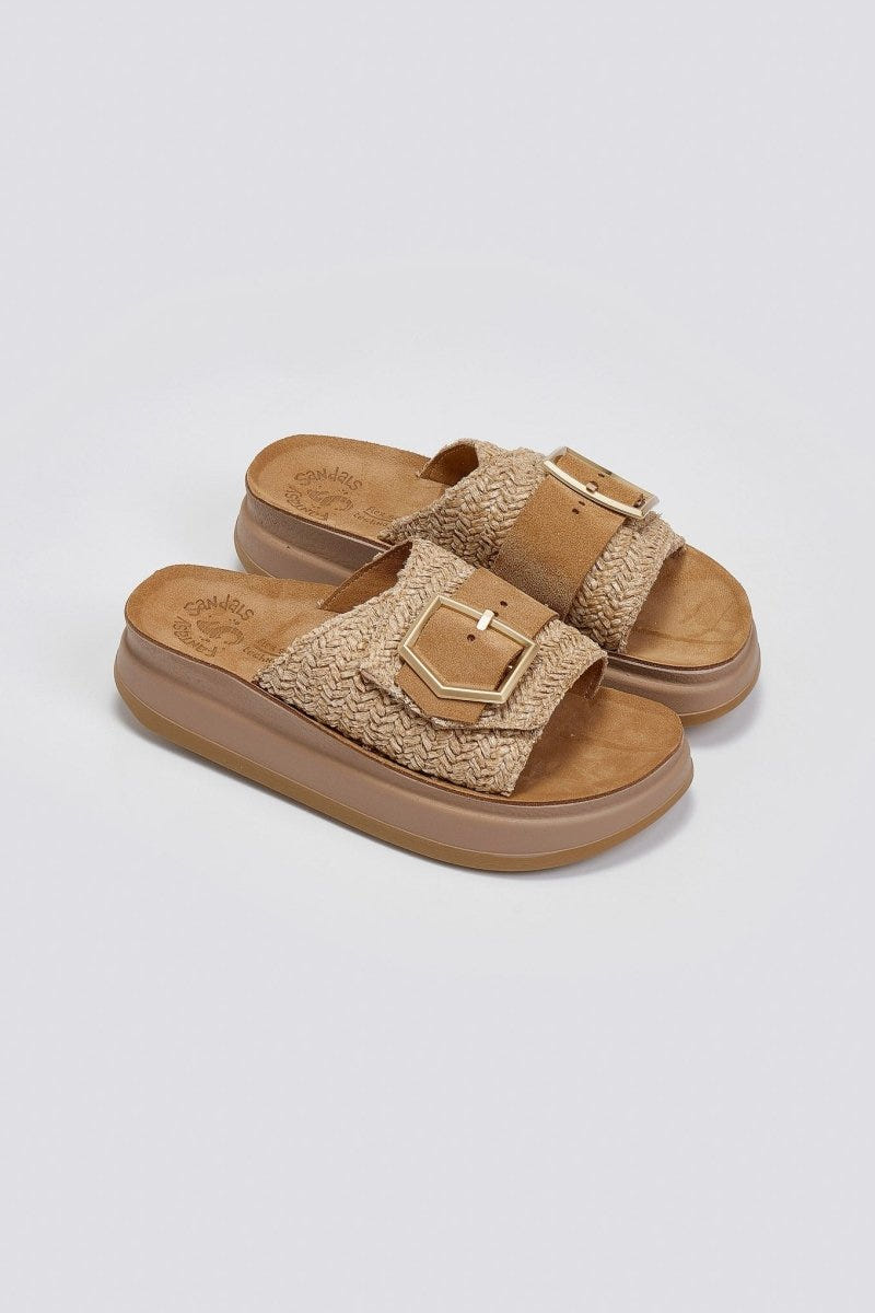 Σανδάλια flatforms δερμάτινα με ψάθα MALFA FANTASY SANDALS - Ταμπά - thefashionproject.gr - FANTASY SANDALS