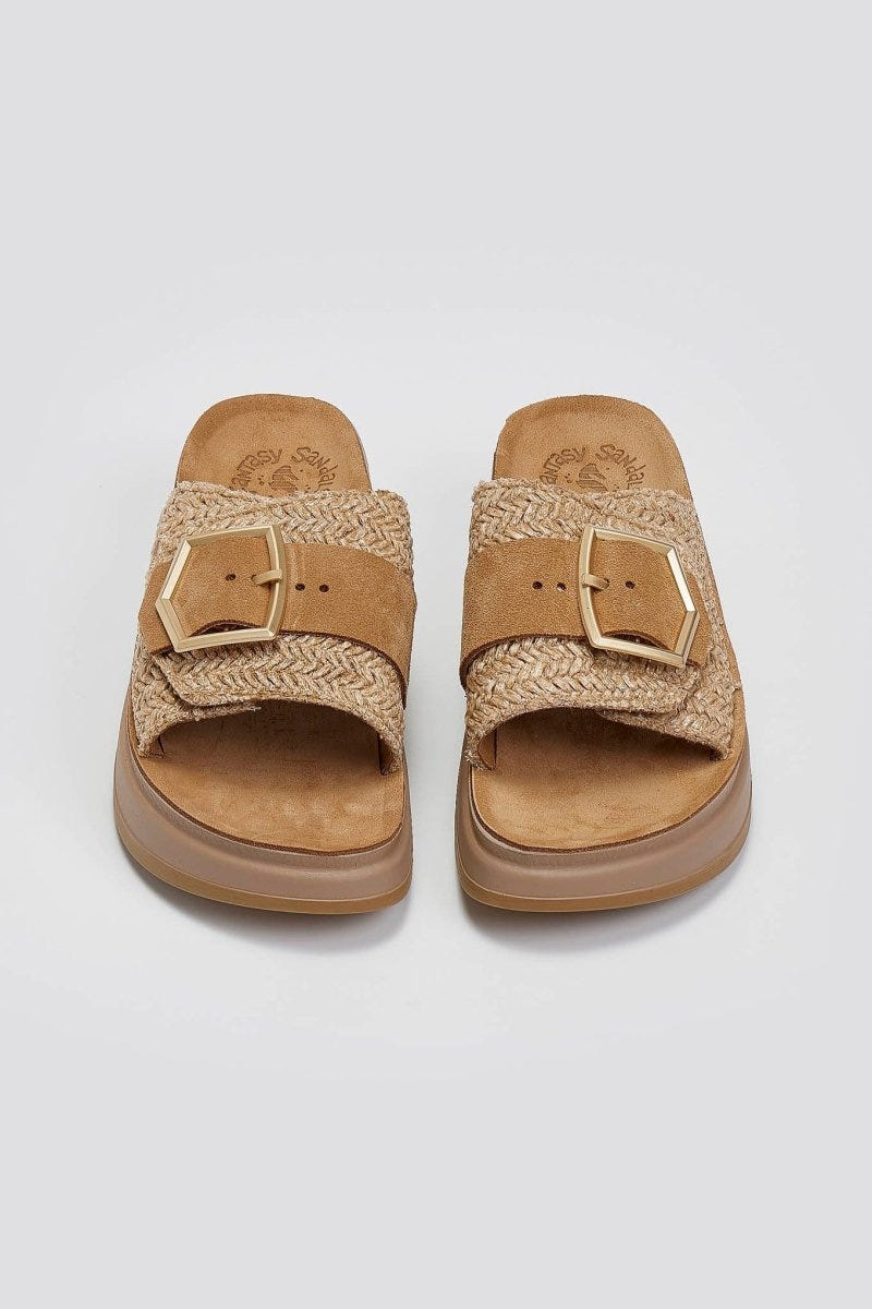 Σανδάλια flatforms δερμάτινα με ψάθα MALFA FANTASY SANDALS - Ταμπά - thefashionproject.gr - FANTASY SANDALS