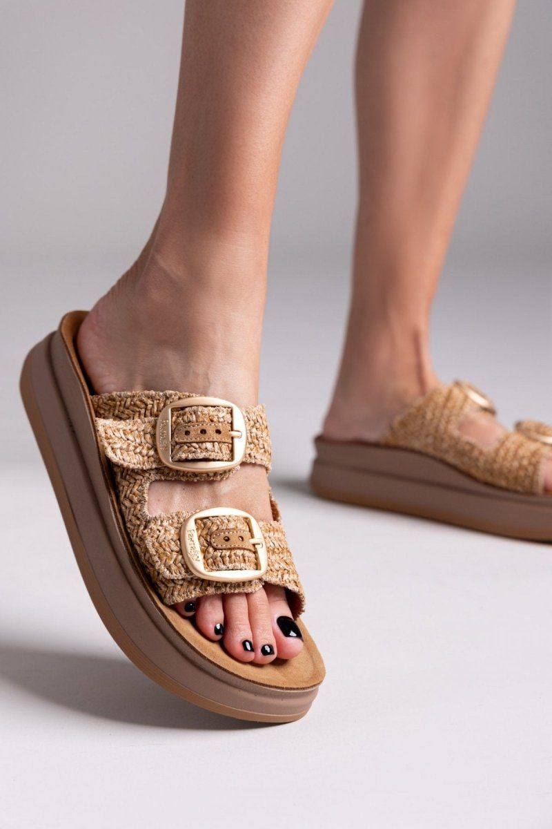 Σανδάλια flatforms δερμάτινα με ψάθα ZEFI FANTASY SANDALS - Κάμελ - thefashionproject.gr - FANTASY SANDALS