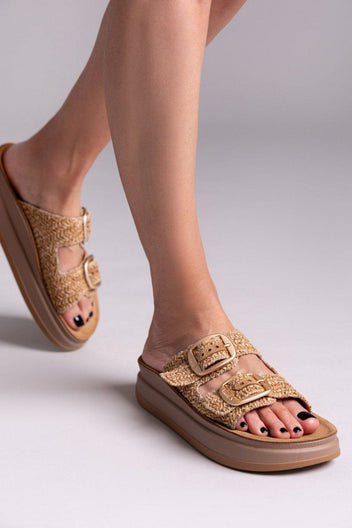 Σανδάλια flatforms δερμάτινα με ψάθα ZEFI FANTASY SANDALS - Κάμελ - thefashionproject.gr - FANTASY SANDALS